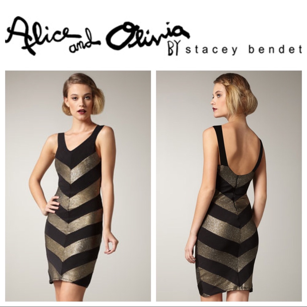 Alice + Olivia Vida Metallic Chevron-Stripe Dress